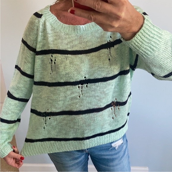 Mint Green & Navy Stripe Distressed Sweater - Picture 6 of 8